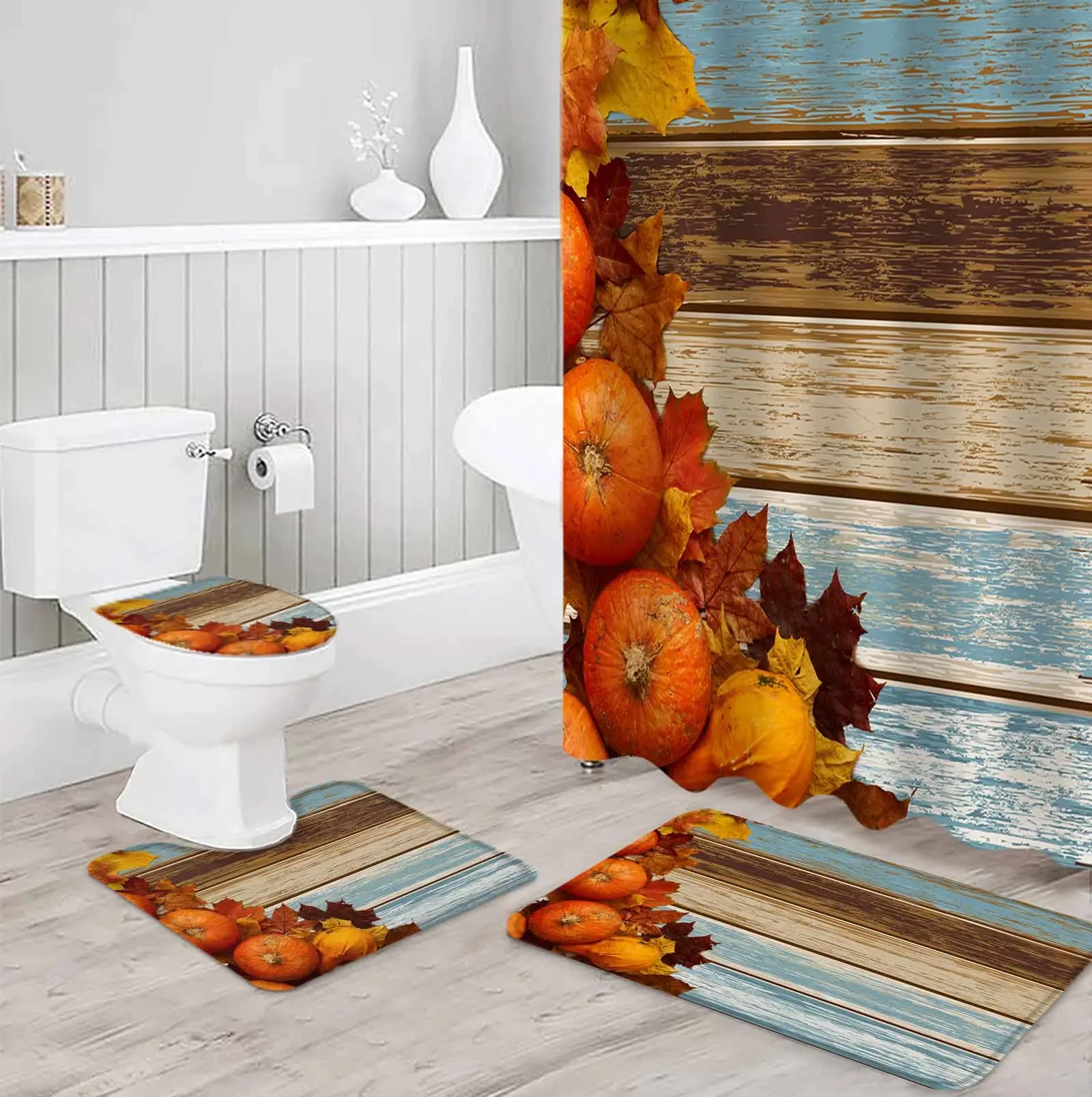 Pumpkin Leaf Polyester Printed Shower Curtain Bathroom Set Luxury Curtain Abstract 4-piece Set Coral Velvet Foot Mat