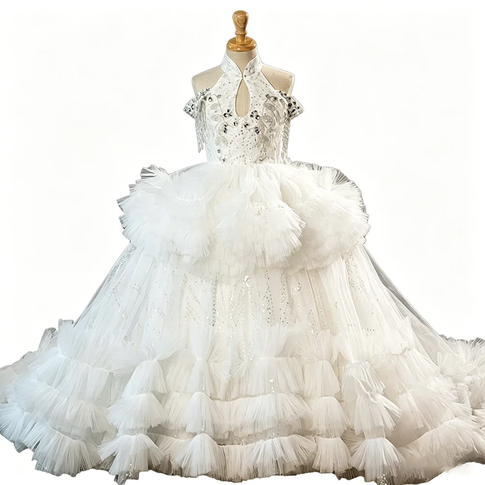 High End Off Shoulder White Tulle Tassel Pageant And Wedding Party Floor Length Dress For Girls Kids Evening And Birthday Gown