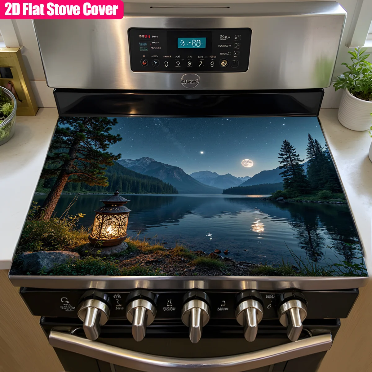 Moonlit Mountain Lake Stove Top Cover,Non-Slip Heat Resistant Burner Mat,Easy Clean Kitchen Stove Decor for Electric & Gas Stove