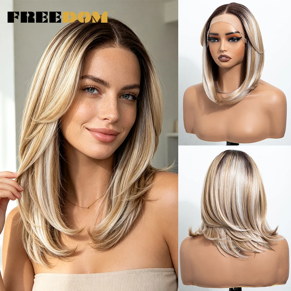 FREEDOM 13X4 Synthetische Lace-Front-Perücken für Frauen, kurze Bob-Perücke mit Pony, vorgezupfte Ombre-Braun-Blond-Spitzenperücke für den täglichen Gebrauch. – Detail 14