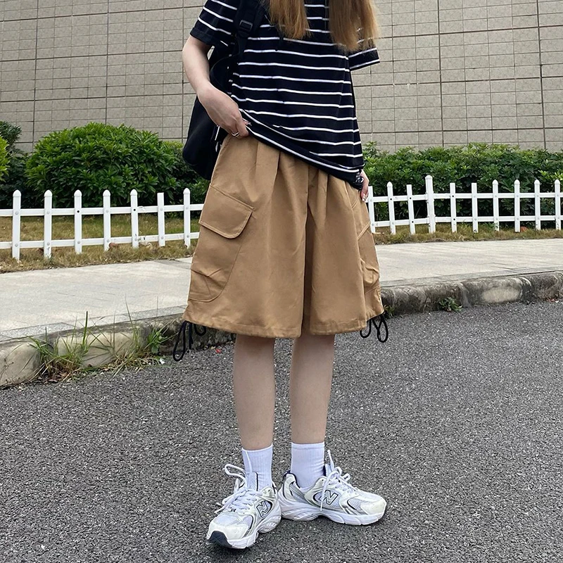 GIDYQ Vintage Women Cargo Shorts American Streetwear Loose Wide Leg Pants Harajuku Casual Female Big Pocket Shorts Summer New