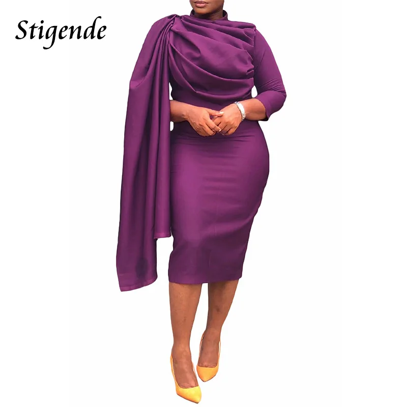 Stigende Women's Solid Color Irregular Shawl Midi Dress with Back Zipper XXXL