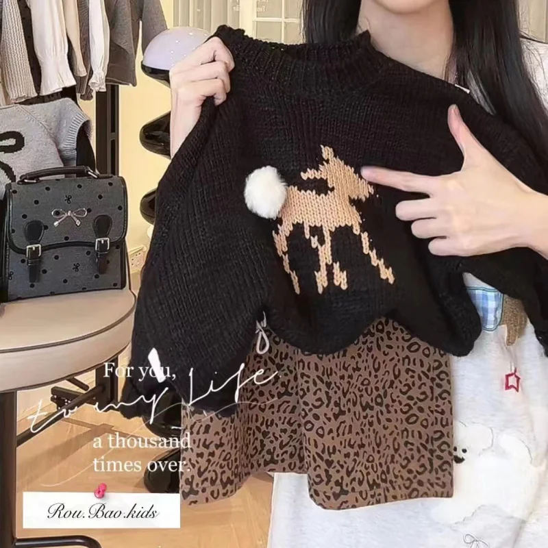 

01- Korean Children's Clothing Girls' Autumn Outfit Set2025New Little Girl Cartoon Knitted Deer Sweater Leopard Print Straight P