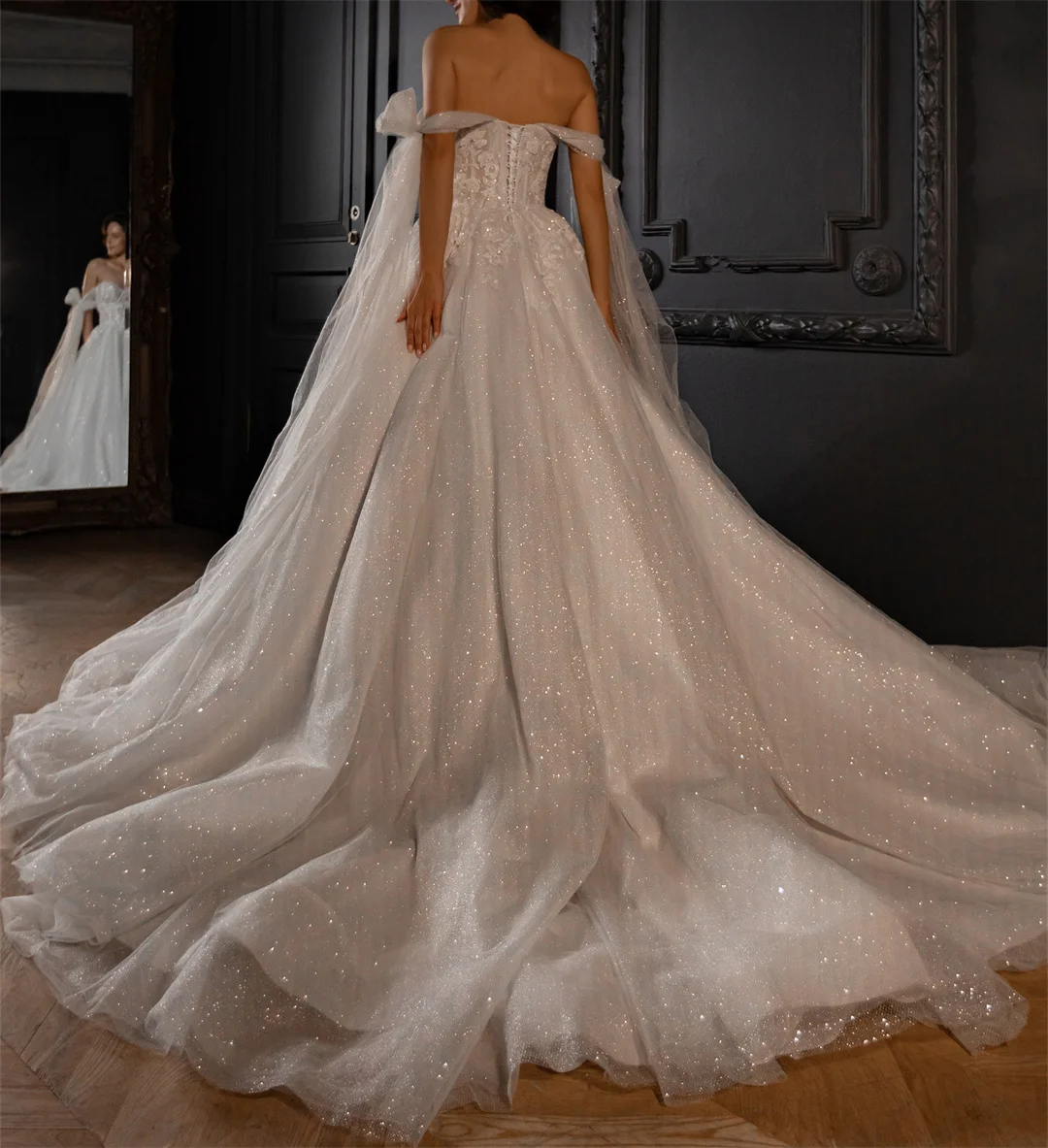 Glitter tule cintas de espaguete a linha vestidos de casamento com apliques lantejoulas laço vestido de festa de luxo brilhante vestido de festa de noiva