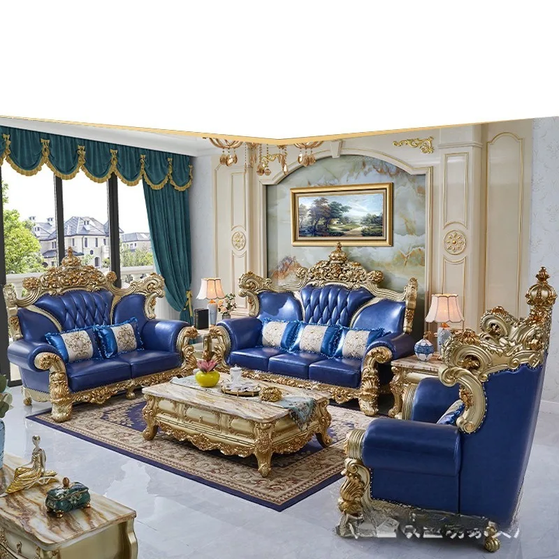 European leather sofa living room cowhide solid wood French style