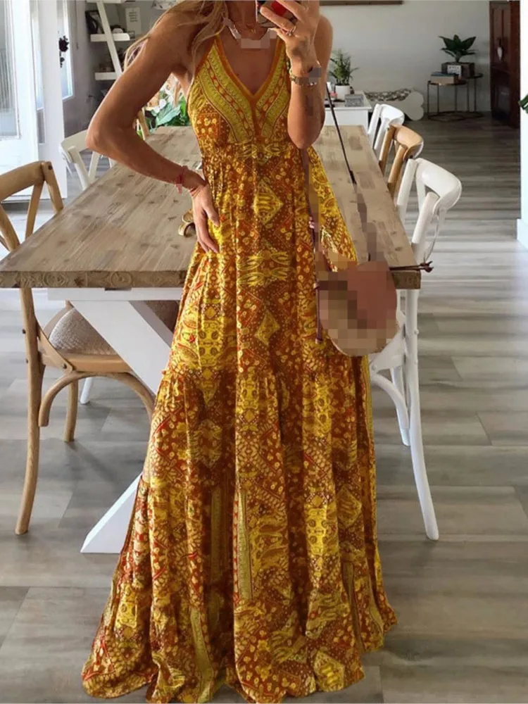 Summer Women's Spaghetti Strap Boho Long Dresses Elegant V Neck Party Vintage Printed Sleeveless Sexy Maxi Beach Dress Vestidos