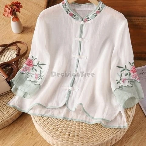 2024 new summer chinese style cotton linen top ethnic style exquisite embroidery tea art top retro loose daily leisure blouse