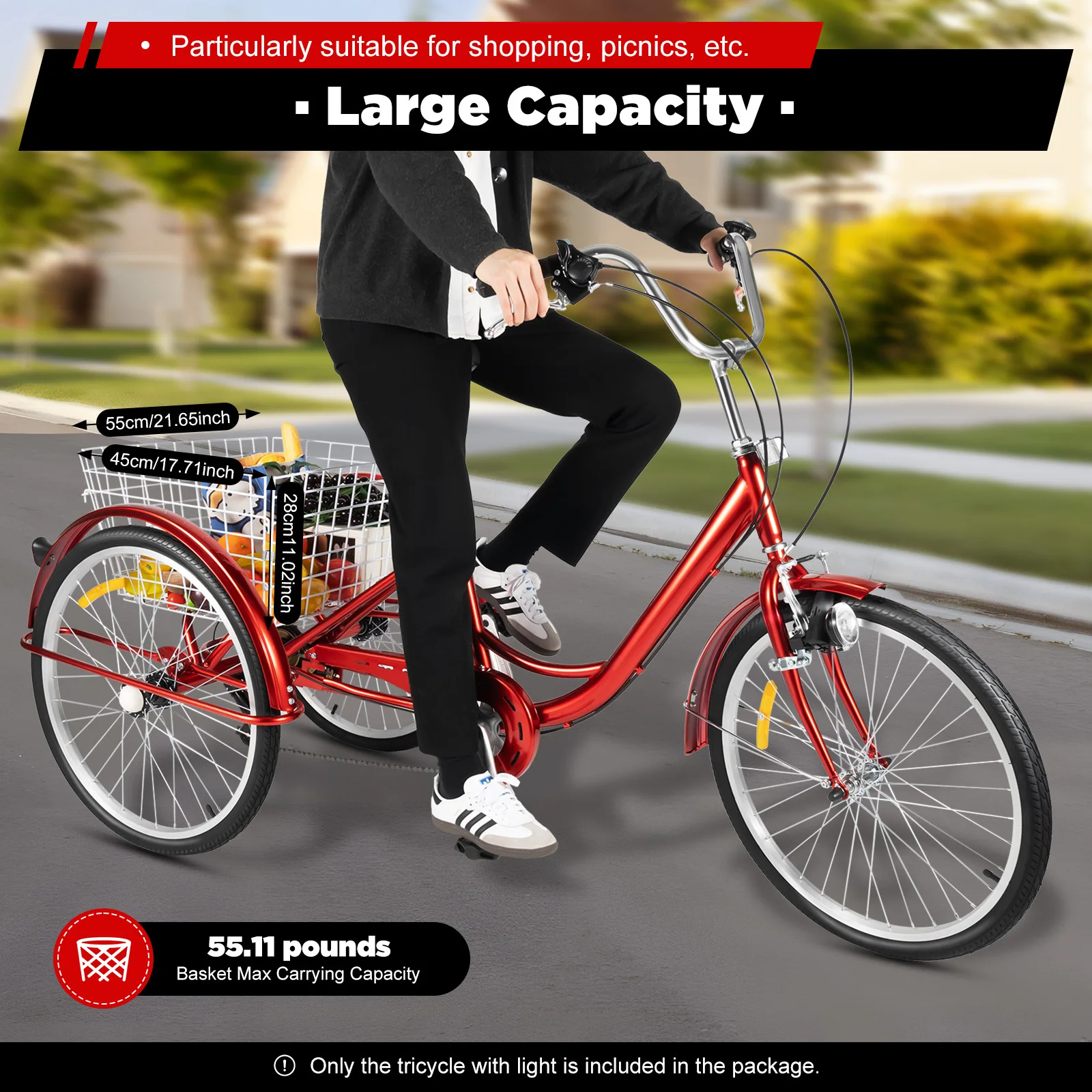 24 Inch Adult Tricycle 6 Speed Tricycle With Shopping Basket Adjustable Senior Women Men Tricycle with Mudguard Grinding Wheel