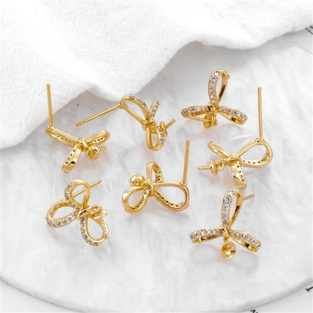 

14k Gold Bag with Support Needle 925 Silver Needle Zircon Bow Tie Earneedle DIY Earrings Jewelry Accessories Stud Earrings