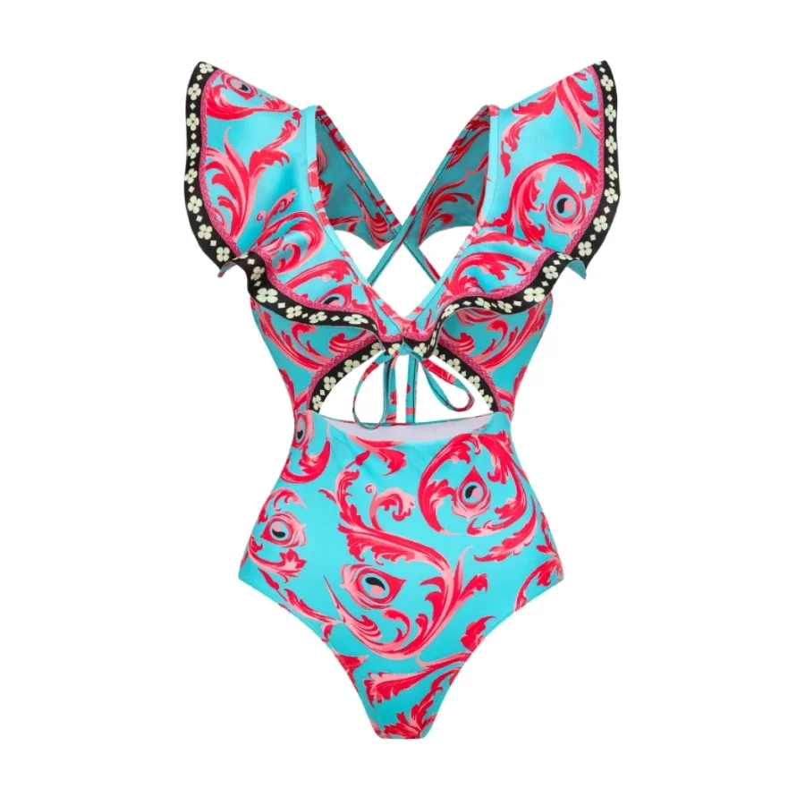 2024 Printed V Neck Ruffle One Piece and Sarong Swimwear Women Vacation Beachwear Luxury Bathing Suit Bodysuit Dress