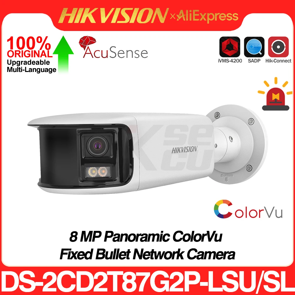 Hikvision DS-2CD2T87G2P-LSU/SL 8MP Dual Lens Panoramic ColorVu Bullet IP Camera  Acusense Strobe Light Audible Alarm 2-Way Audio