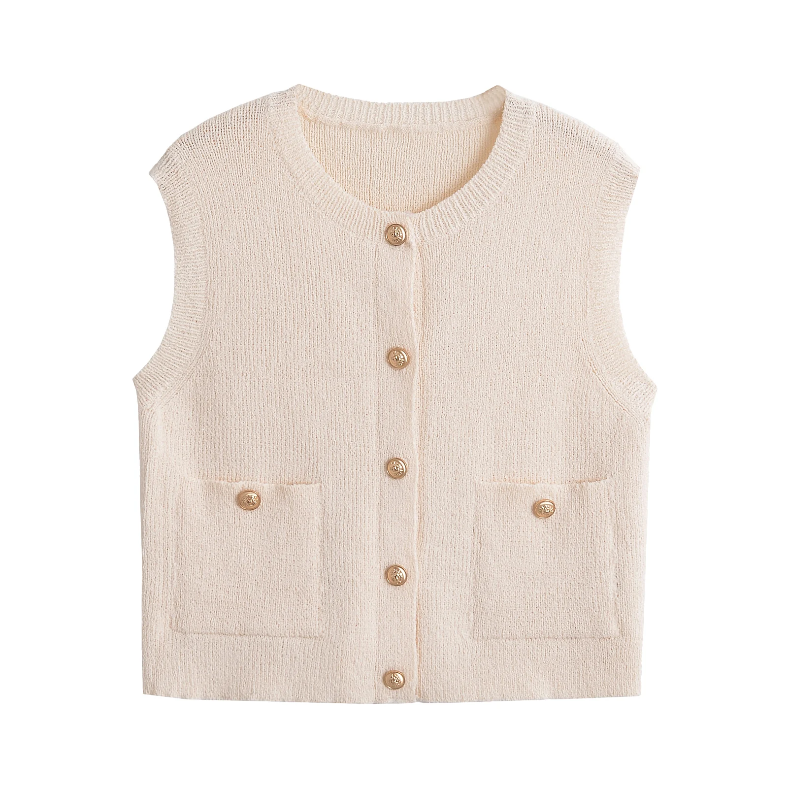 TRAF Autumn Beige Knitted Women Waistcoat Sleeveless Pockets Single Breasted Slim Cardigan Jacket Vest Y2K Crop Top 6771104