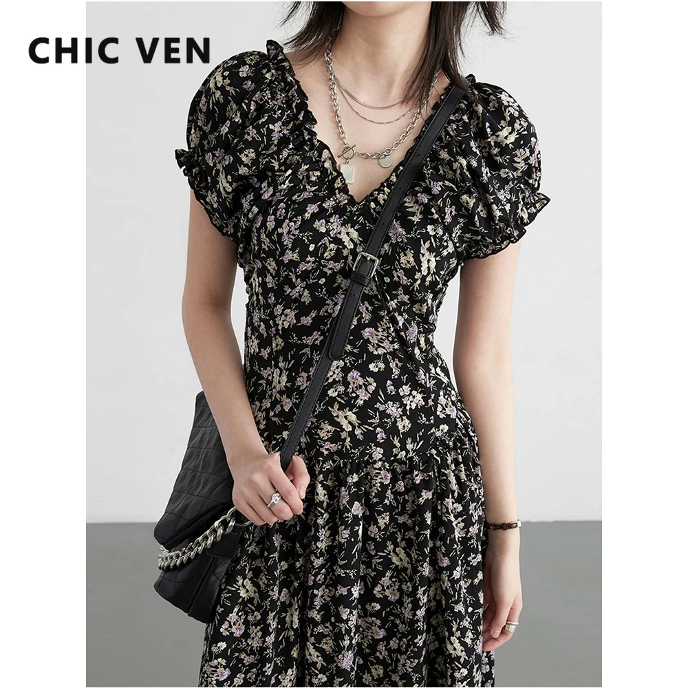 

CHIC VEN Women Dresses Short Puff Sleeve New V-neck Pleated Waist Female Floral Dress Long Dress Pullover Spring Summer 2024