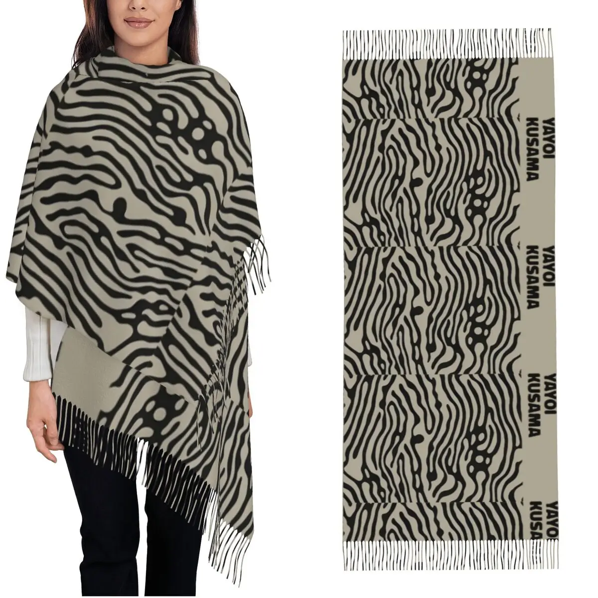 Tokyo 1998 Yayoi Black Line Scarf for Womens Winter Fall Cashmere Shawls and Wrap Yayoi Kusama Large Scarves with Tassel Ladies