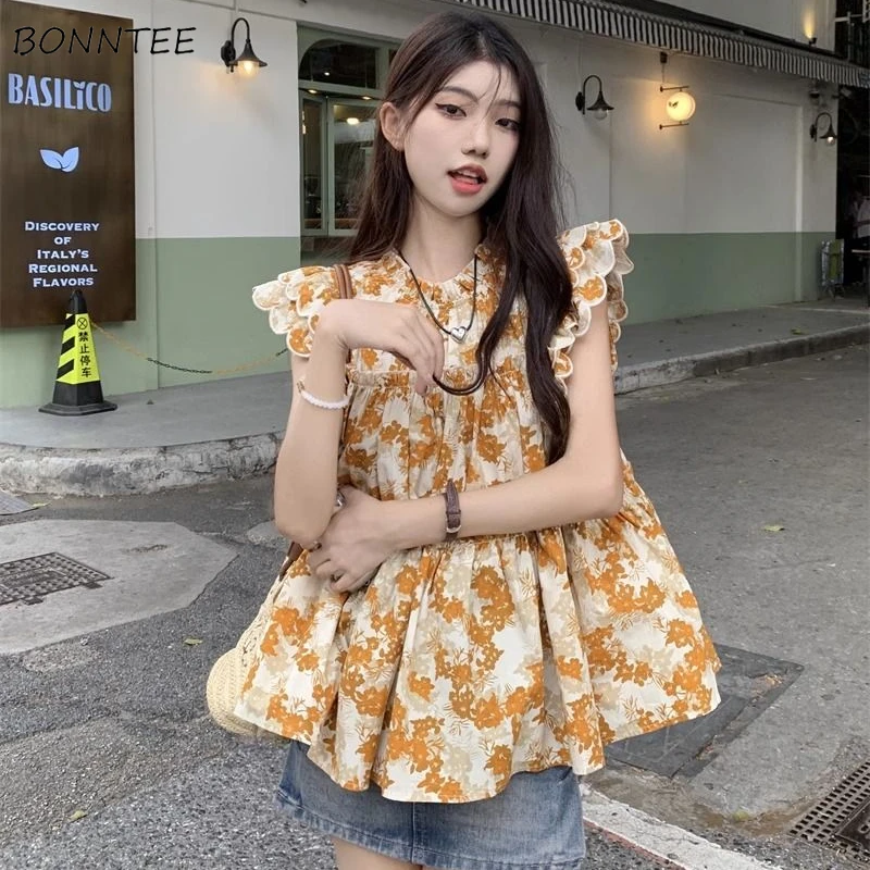 Flying Sleeve Floral Blouses Women Loose Sweet Vintage Summer Prairie Chic All-match Harajuku College Girls Fashion Casual Thin