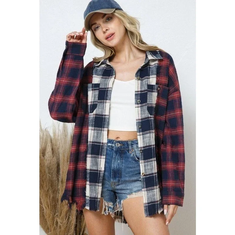 Elegant Fashion Long Sleeve Button Pocket Loose Blouse T-shirt Coat Outwear Autumn Winter Women Vintage Wool Plaid Shirt Top