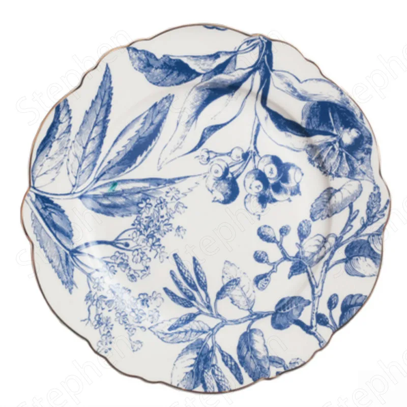 American Retro Dinner Set Plates and Dishes Golden Stroke Blue and White Painted Irregular Dinnertableware Cake Dessert Plate