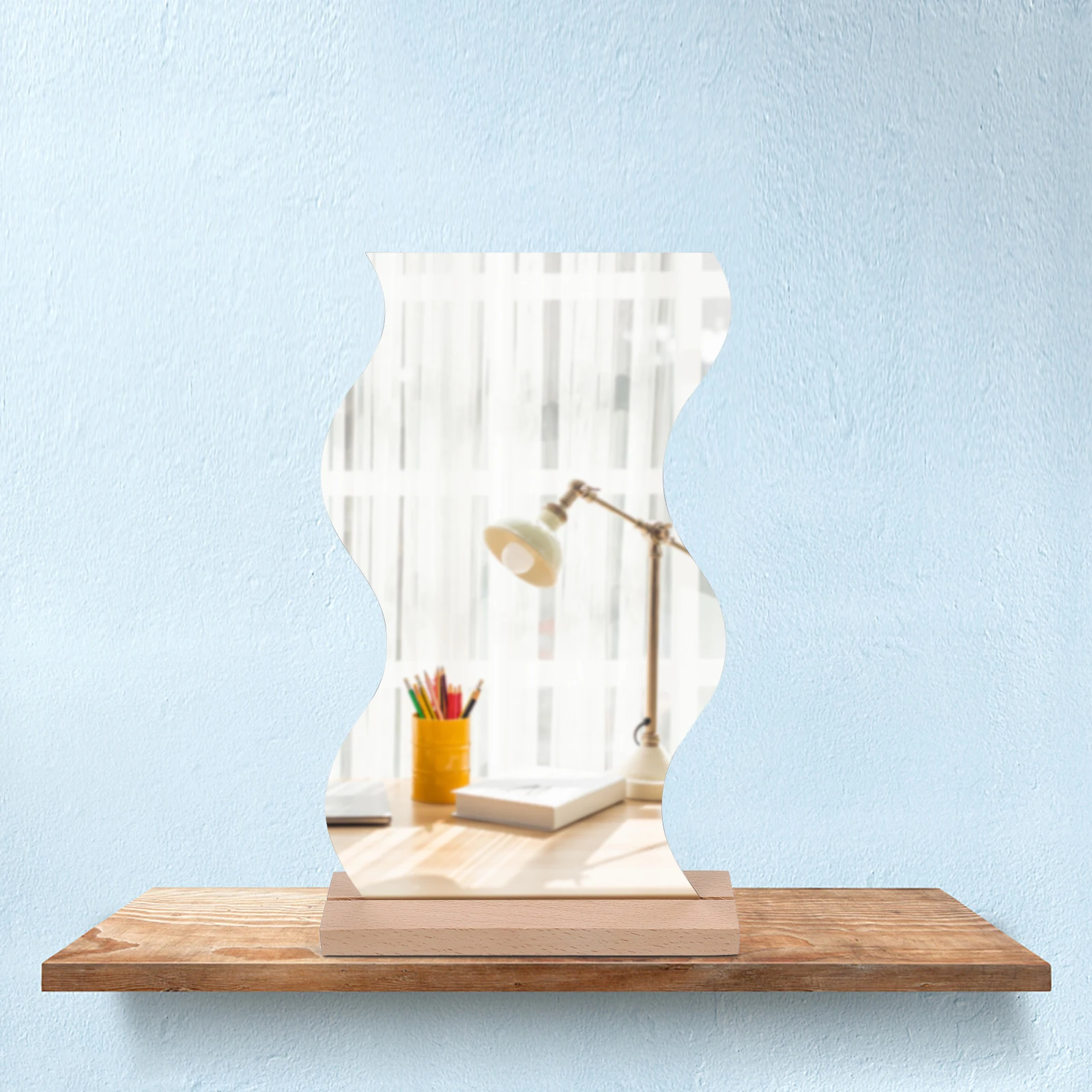 

Lovely Sturdy Acrylic Makeup Wooden Base Irregular Desktop Mirror Home Office Bedroom Decor Movable Table Vanity Brush