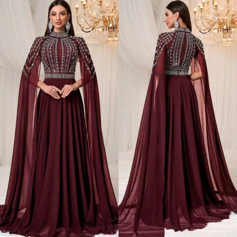 

Customized Sparkle Classic Jersey Sequined Pleat A-line High Collar Long Dresses Bespoke Occasion Fashion