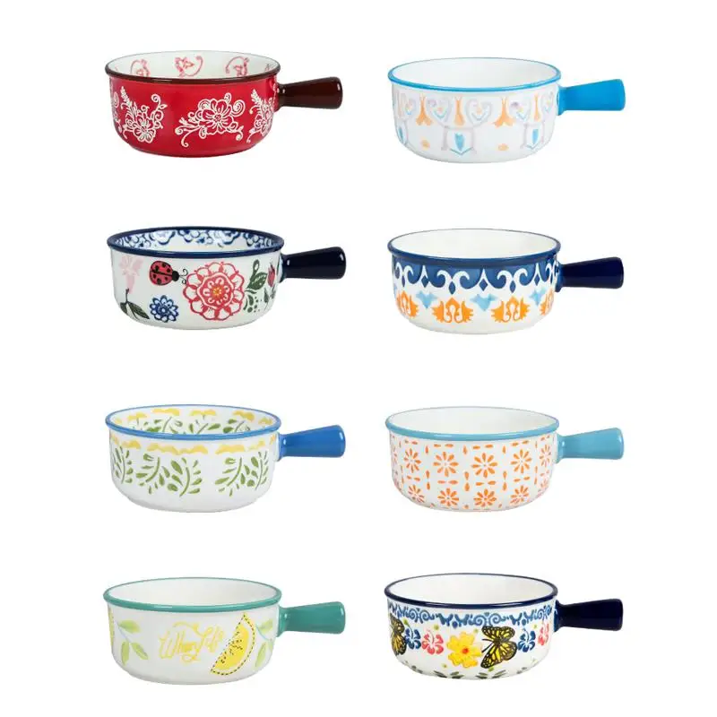 8-inch Personality Bowl Japanese Ceramic Household Breakfast Plant Flower Pattern Simple Tableware Supplies