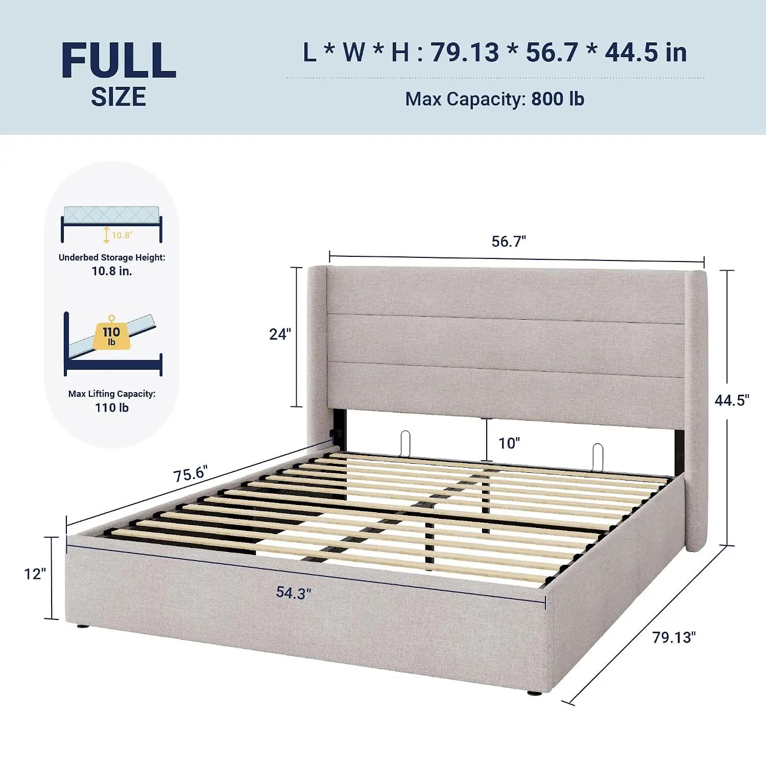 Lift Up Storage Bed Frame Full Size Beige Wingback Headboard Hydraulic Support No Box Spring Needed, Customized