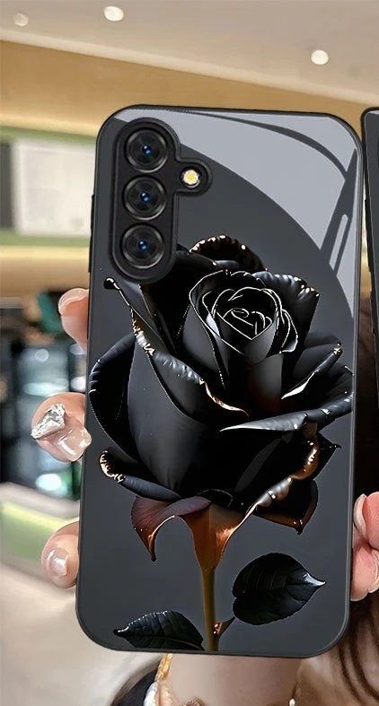 Black rose pattern electroplated glass phone case for Samsung Galaxy S26 S25 S24 S23 S22 S20 FE/Ultra/Plus anti drop Cover