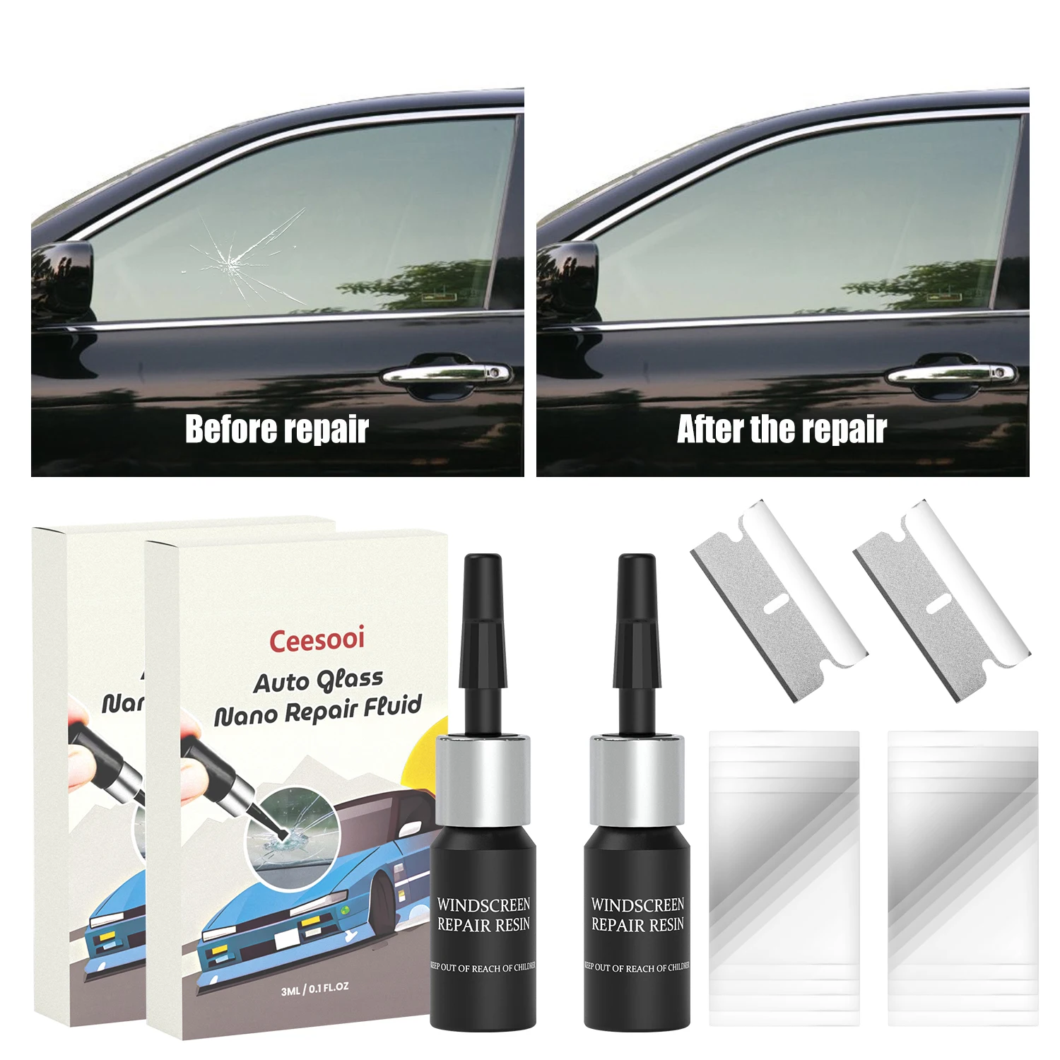 Kit de Reparo de Vidros Automotivos: Elimine Rachaduras e Arranhões em Carros, Caminhões e Motocicletas - Conjunto para Recuperação de Para-brisas Quebrados