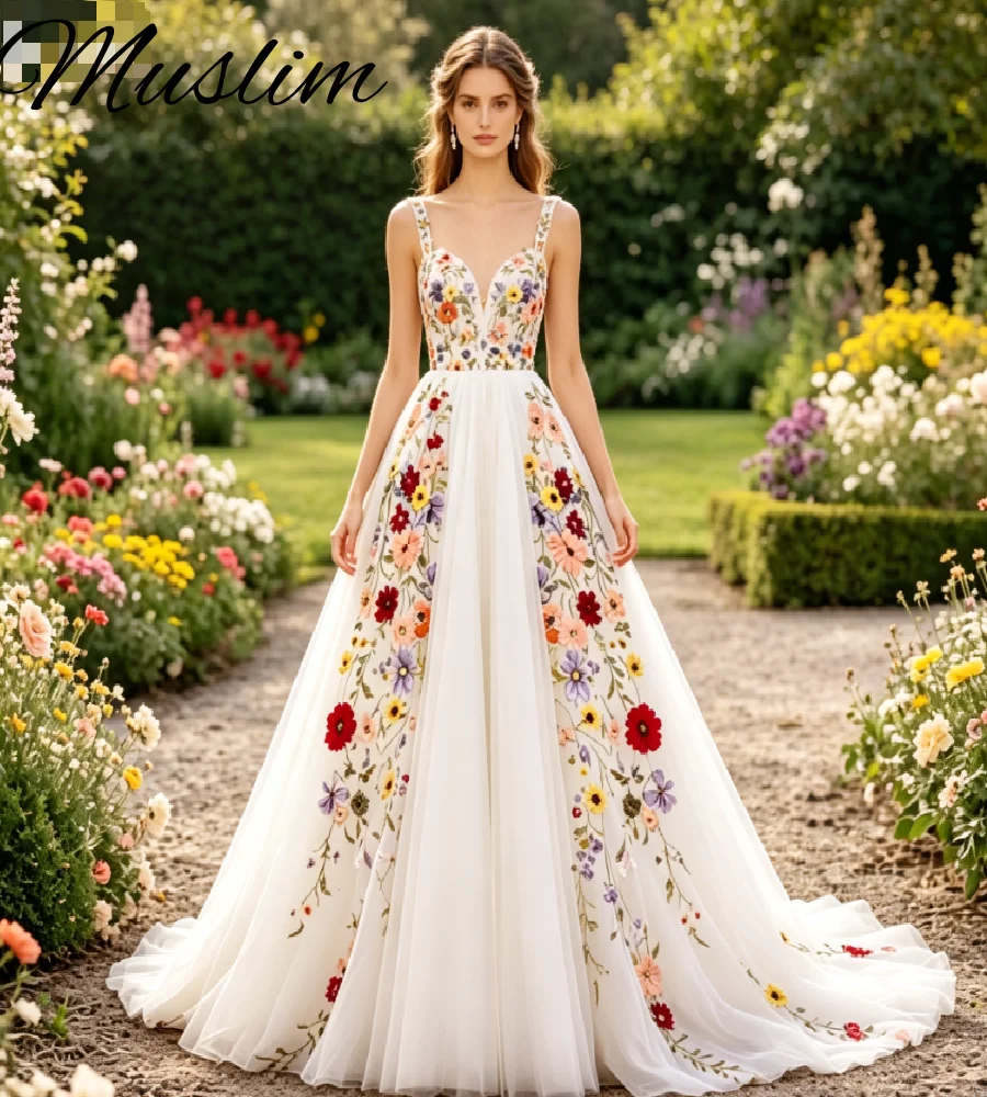 2026 Colorful Floral Wedding Dress Elegant Bohemian A Line Tulle Bridal Gowns Country Rustic Spaghetti Strap Curvy Vestio Novias