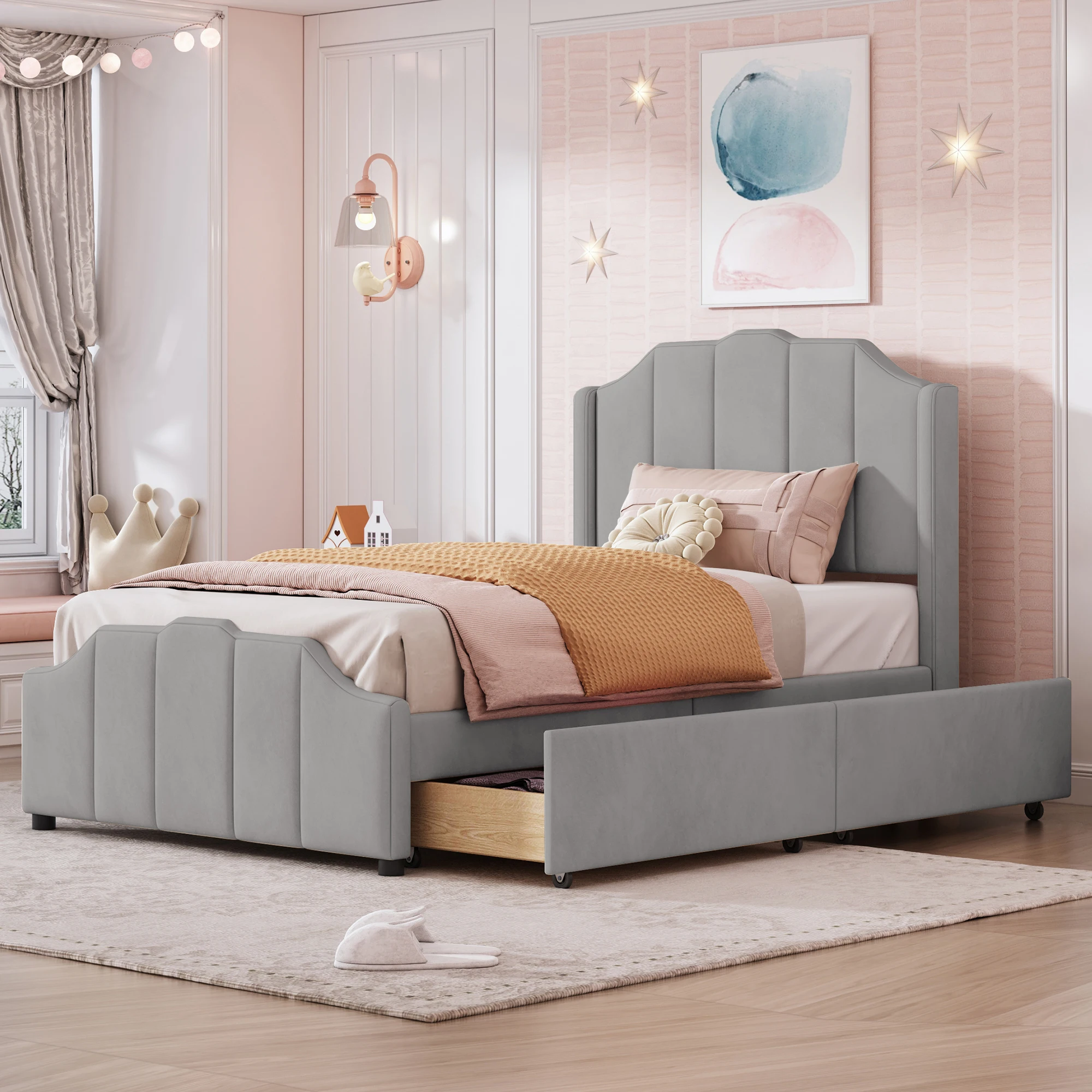 Upholstered bed 90 x 200 cm children's bed Bed frame with 2 storage drawers with headboard, footboard and slatted frame velvet