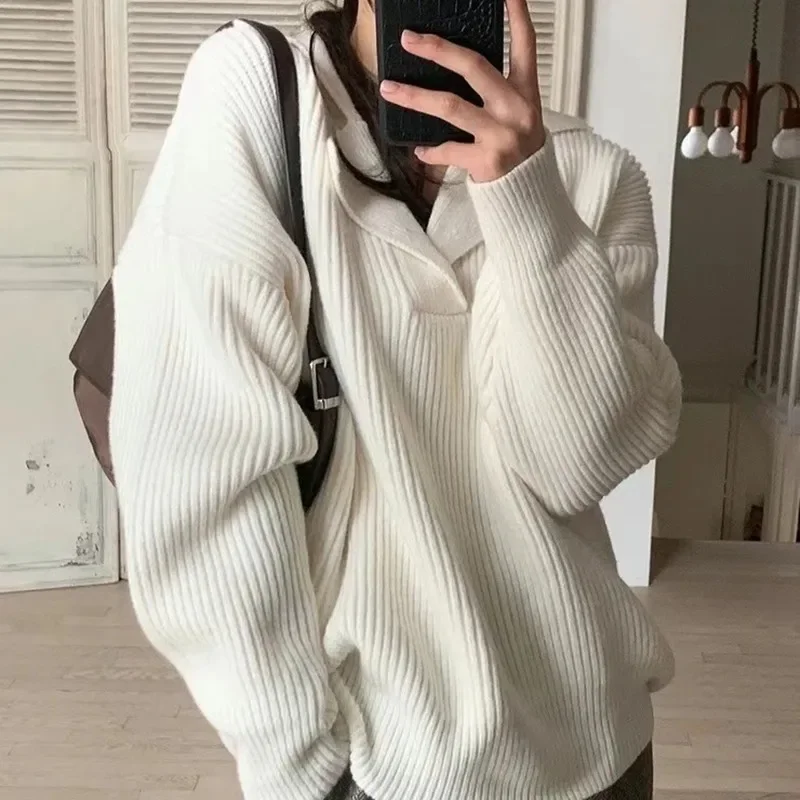 Coréen solide col Polo à manches longues femmes pull automne hiver décontracté polyvalent doux ample tricoté pull doux tricots