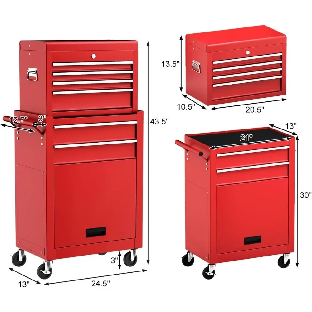 Rolling Toolbox, 6-Drawer Toolboxes W/Auto Locking System & Lockable Wheels & Sliding Drawers & Detachable Top, Toolbox