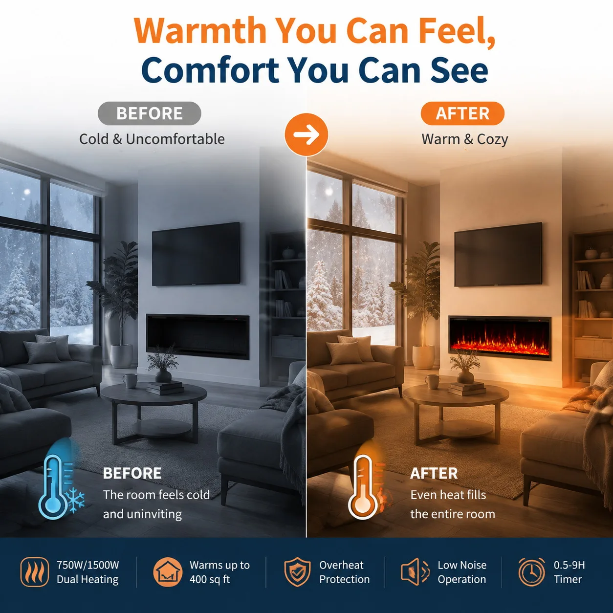 60 Inch Electric Fireplace Recessed Wall Mounted Linear Fireplace Heater with Log Crystal Inserts 12 Flame Colors Adjustable Speed Brightness 750 1500W Heats 400 Sq Ft Remote Control Touch Screen Built in Timer Low Noise for Living Room Bedroom