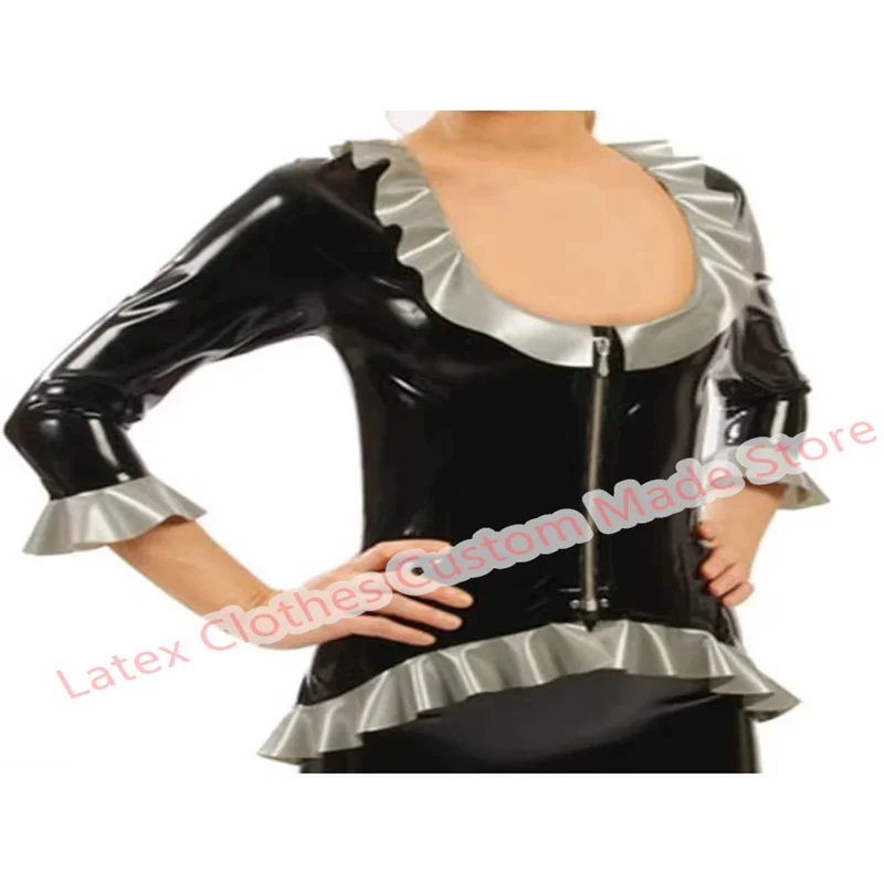 

Sexy Lingerie for Women Handmade Latex Top Black with Silver Rubber Suit Cosplay Costumes Front Zip Black Tights Long Sleeve