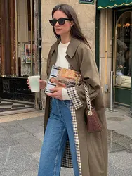 Chic Lapel With Pocket Single Breasted Windbreaker Women Casual Solid Long Sleeved Overcoat 2024 Fall Lady High Street Outwear