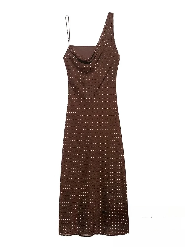 KONDALA Sexy Brown Women Dress Dot Cami Sleeveless Asymmetrical Straight Long Vestidos Fashion 2025 Autumn Holiday Party Dress