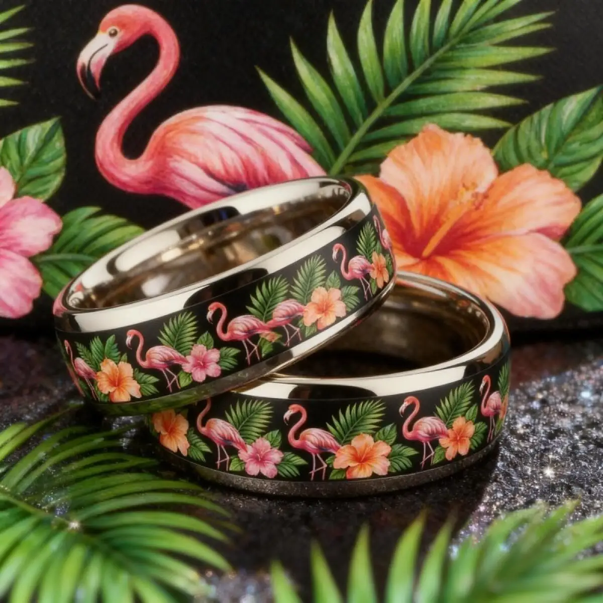 Fashion Men Stainless Steel Ring With Hawaii Pink Flamingo Palm Leaf Inlay Rings for Men Women Wedding Party Jewelry, Non-Fade