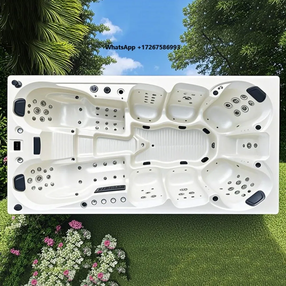 Large 10-12Person Outdoor Spa Hot Tub with Lounger Acrylic Whirlpool Massage Pool for Backyard Party and Luxury Villa Relaxation