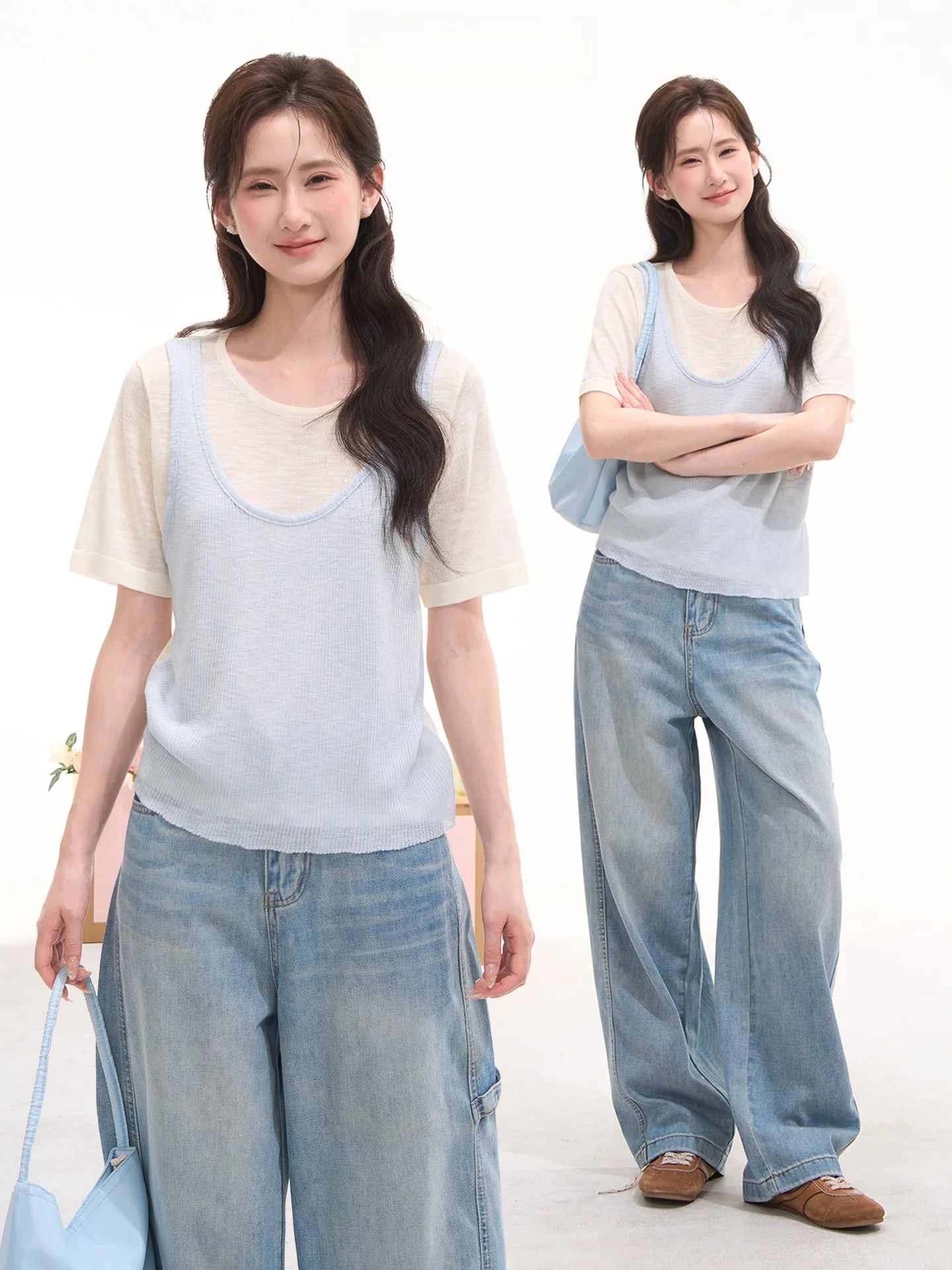 

Heme Korean Style Short Sleeve Knitted Top Women's Summer Fashion Vanilla Dream Series Fake Two-Piece Window Display Flower F...