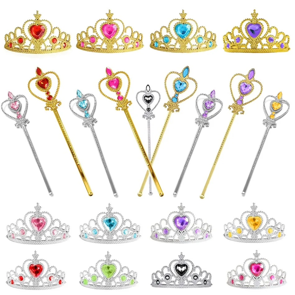 Kids Princess Dress up Accessories Wands Tiaras and Crowns for Little Girls Princess Party Supplies Tiara Wand Gifts Toys Set