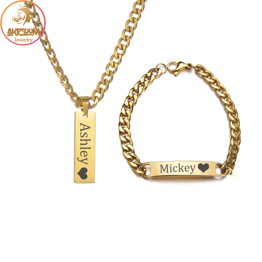 

Akizoom Engrave Name Punk Necklace Bracelet Cuban Chain Stainless Steel Jewelry Set Thick Chain for Woman Man Birthday Gift