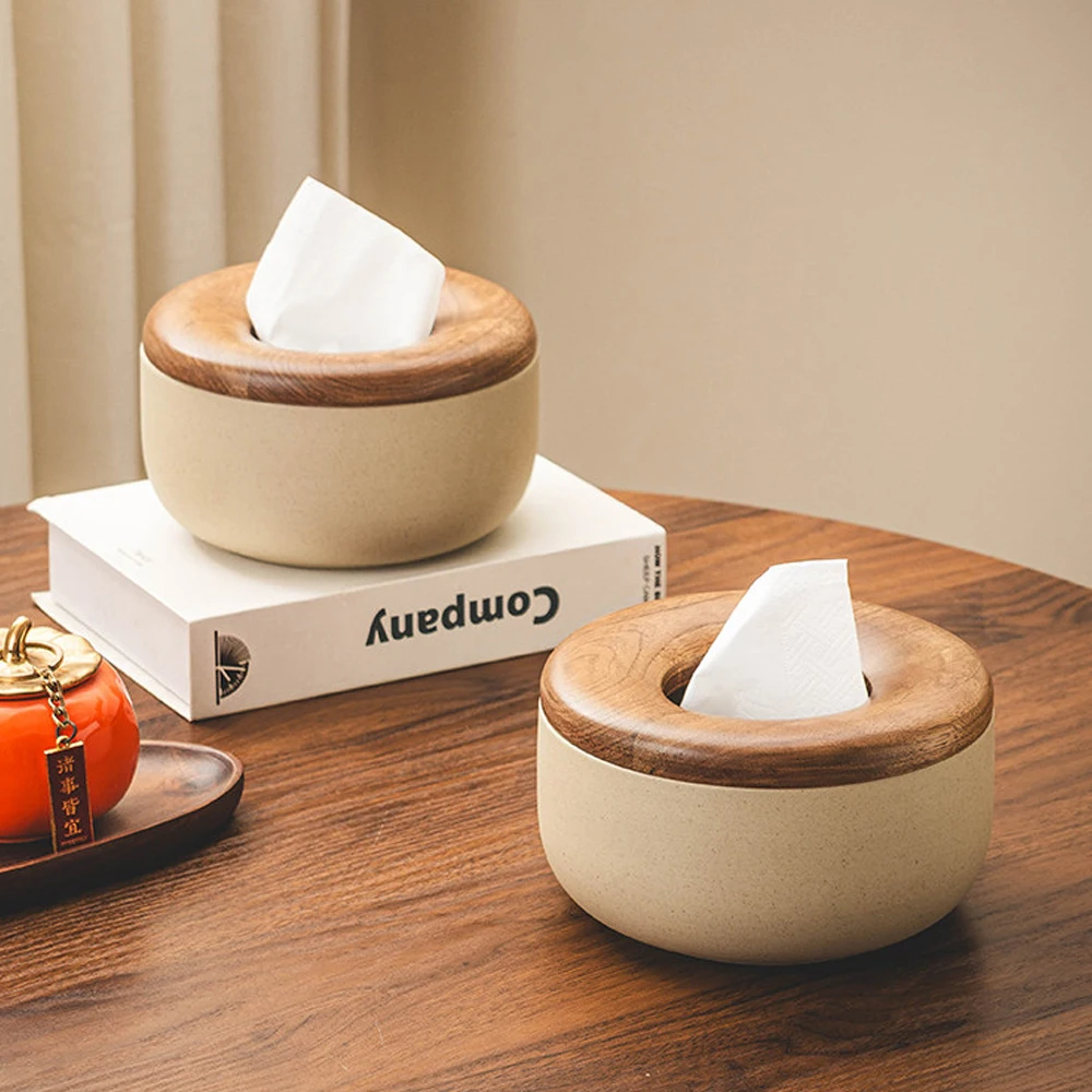 Retro Rustikale Keramik-Taschentuchbox mit Walnuss-Deckel, Kreative Papier-Aufbewahrungsbox für Zuhause, Schreibtisch, Wohnzimmer, Kunstvolle Heimdekoration