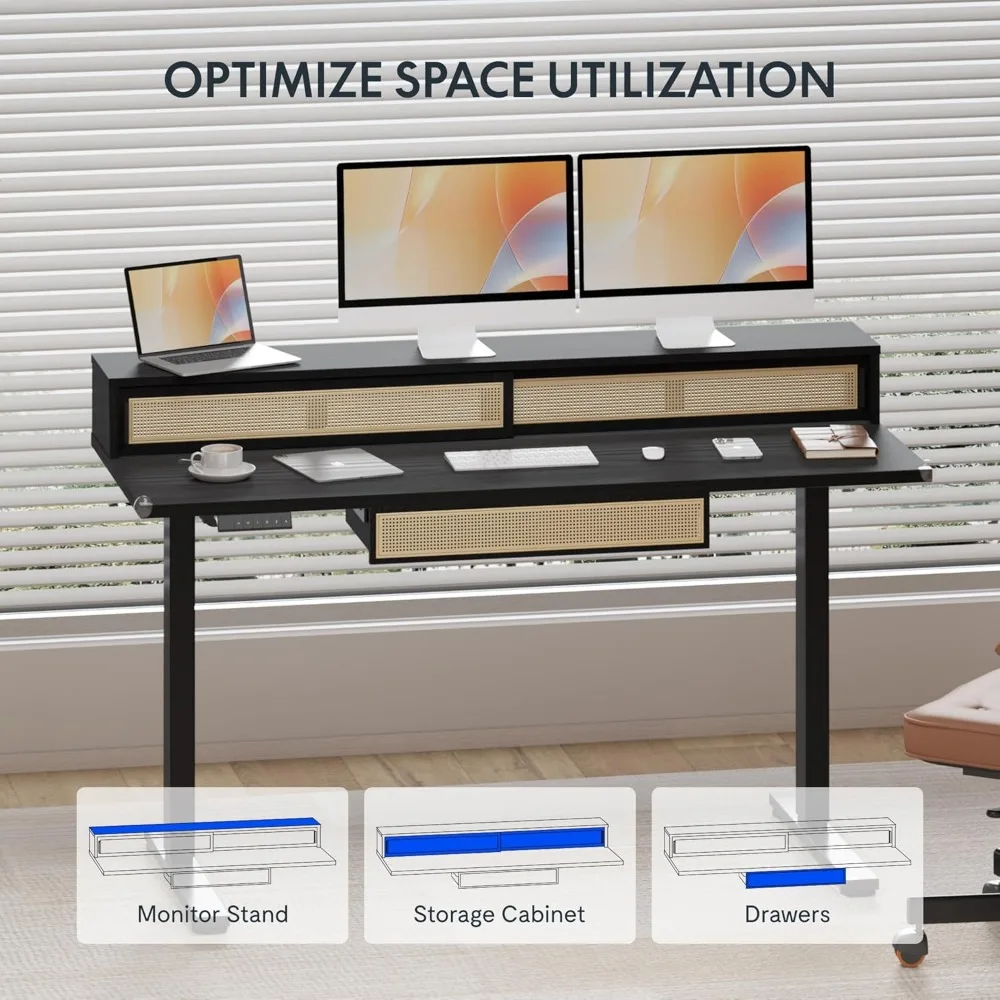 مكتب قائم كهربائي قابل للتعديل مع أدراج من الروطان ورف شاشة، 55 بوصة × 24 بوصة