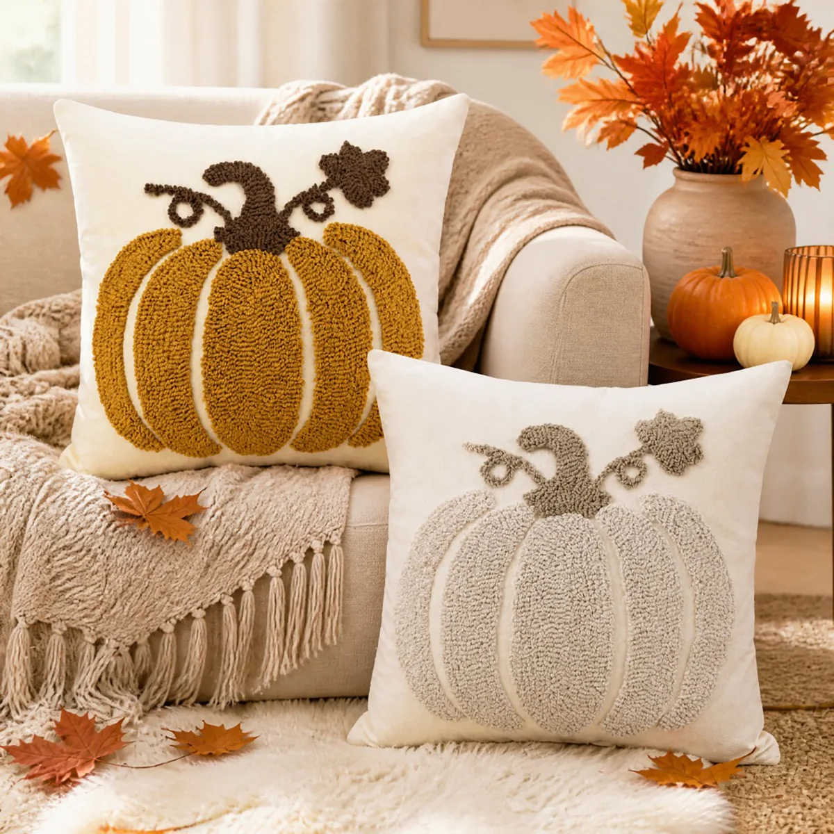 45x45cm Halloween Autumn Pumpkin Towel Embroidery Throw Pillow Cover Square Decor Cushion Case Seasonal Home Decor Pillowcases