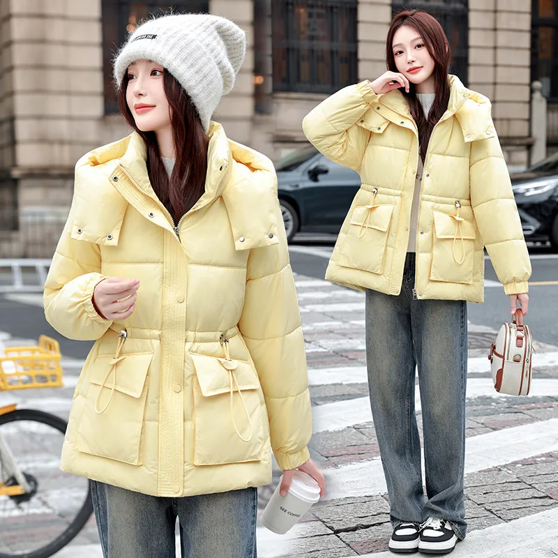 Pinkyisblack 2025 engrossado quente com capuz jaqueta roupas de inverno das mulheres novo coreano solto meados de comprimento algodão acolchoado jaqueta outwear