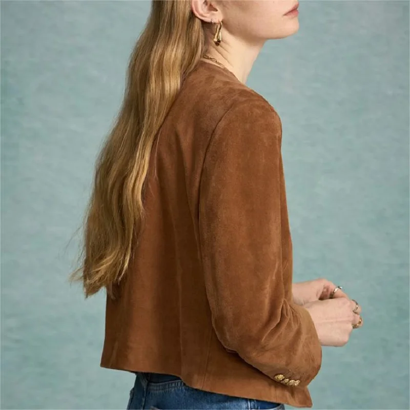 Genuine Leather Cropped Jacket Women Spring Sheepskin O-Neck Metal Buttons Long Sleeve Top Kid Suede Slim Short Casaco Feminino