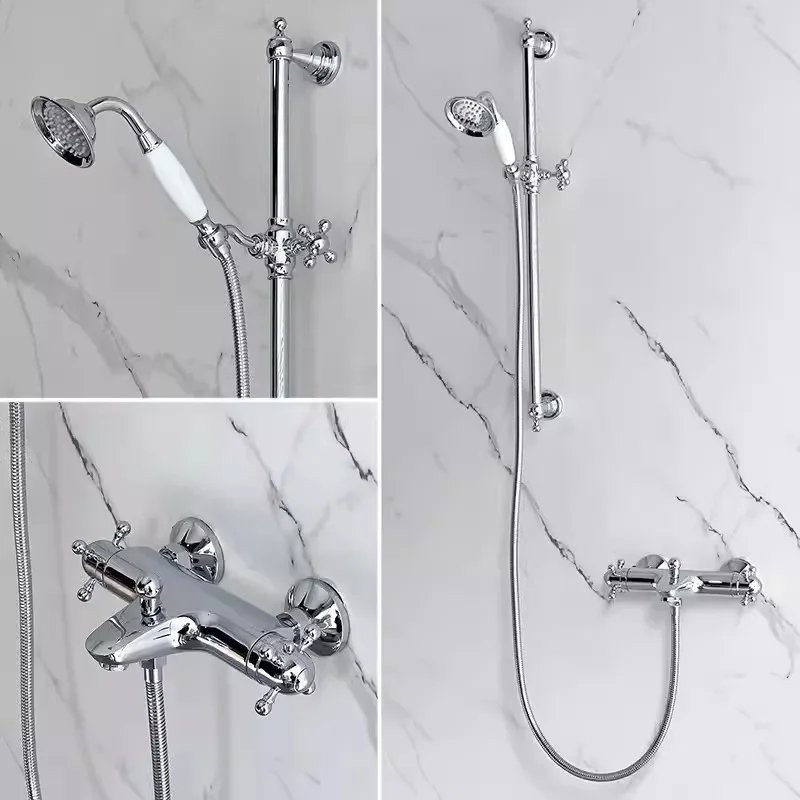 Shower Faucet Set Wall Mounted Classical Thermostatic Bathtub Faucet Set Chrome Total Brass Bath & Shower Mixer Set