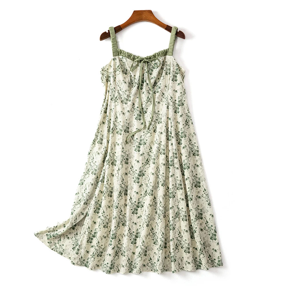 

Plus-size Women's Summer Loose Comfort Casual Commuter Fashion slip dress Green print lace-up sleeveless long dress with lining