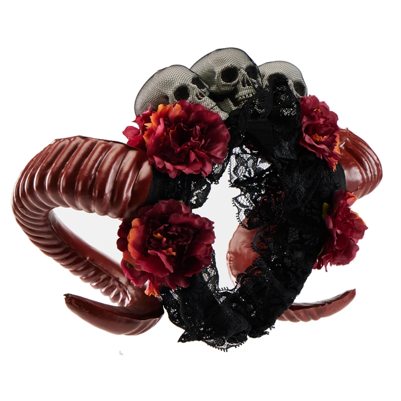 Women’s Halloween Horn Headband Goth Lolita Red Demon Horns Skull Flowers Hairband Party Halloween Headwear