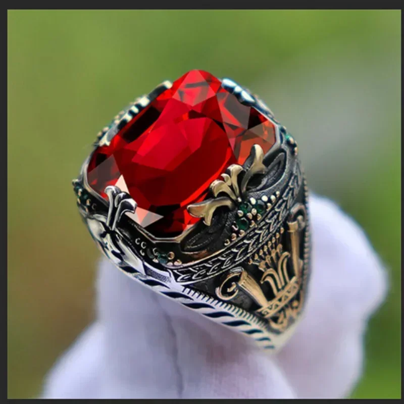Retro handgemachter türkischer Siegelring für Männer Vintage Silber Farbe Schnitzmuster Inlay grüner Zirkon Party Punk Motor Biker Ring