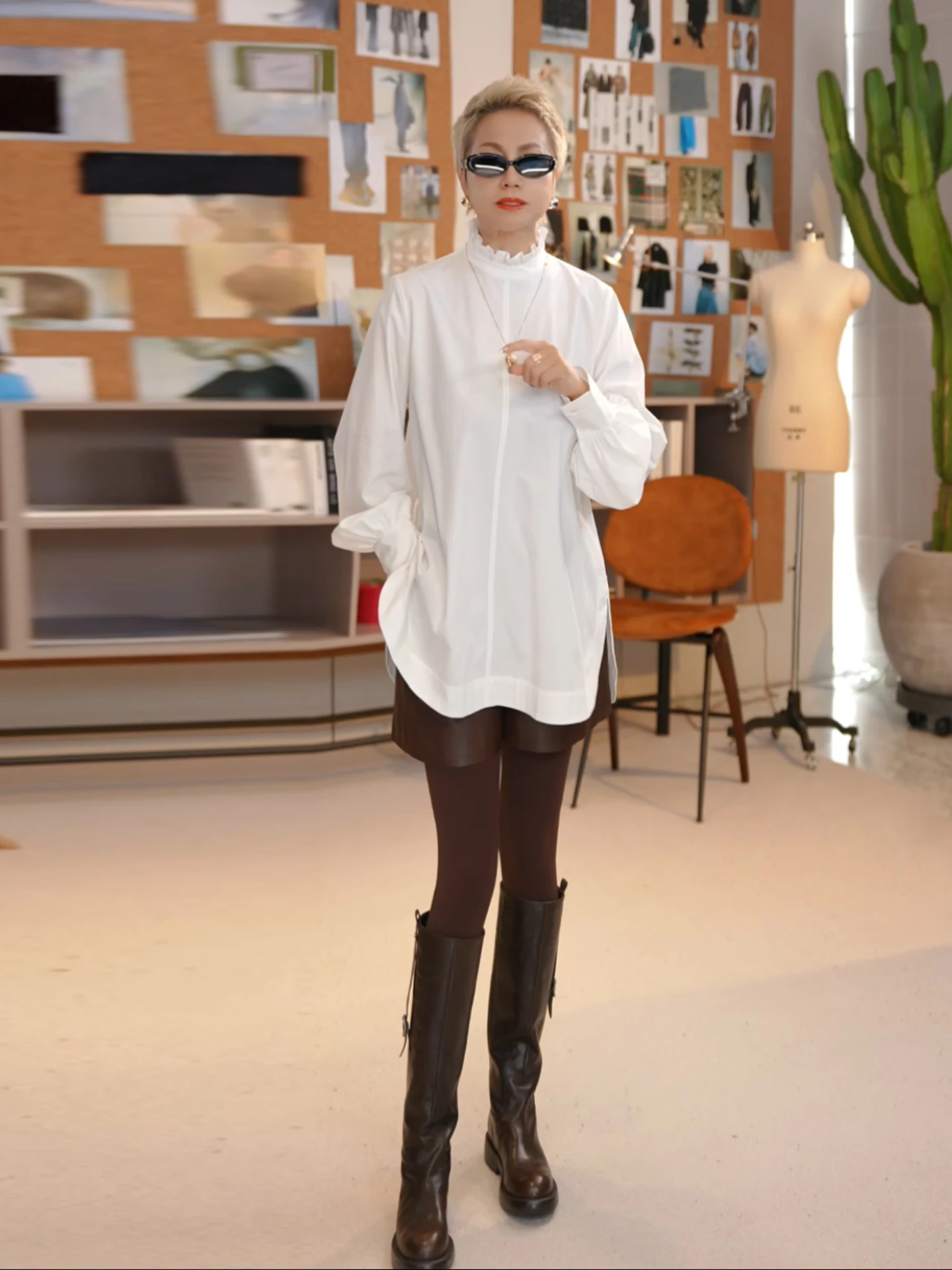 

Wenyu MGX Stand Collar irt Loose Silhouette Design Wooden Ear Women's Casual Cotton Long Sve Mid-Length Top